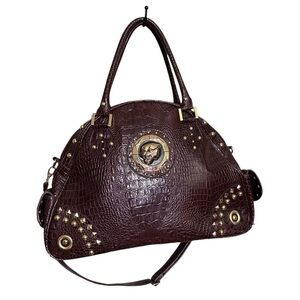 Large Cat Medallion Brown Crocodile Gold Accents shoulder Travel Bag Purse